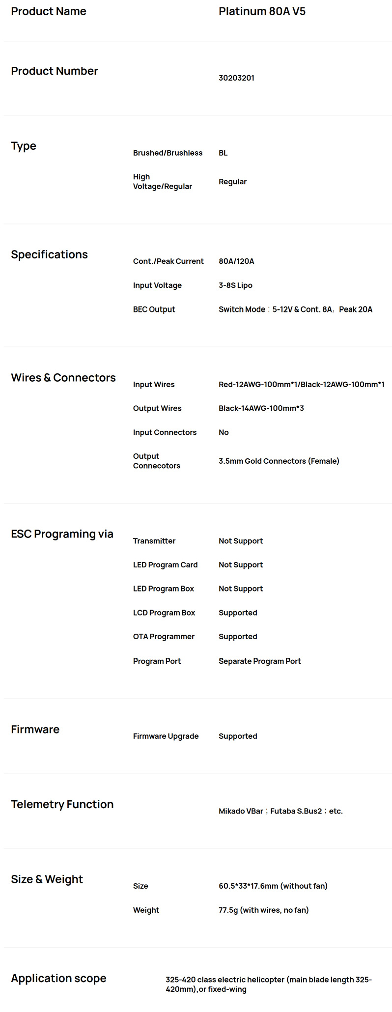 [ܼ] 30203200 [Hobbywing] Platinum 80A V5 Brushless ESC (8S/Switching BEC Mode/8A/5~12.0V)