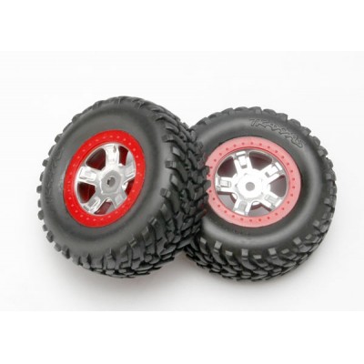 [ܼ] AX7073A [Traxxas] AX7073A Tires and wheels assembled glued (SCT satin chrome wheels red beadlock style SCT off-road racing tires foam inserts)