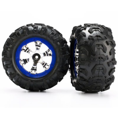 [ܼ] AX7274 [Traxxas] AX7274 Tires and wheels assembled glued (Geode chrome blue beadlock style wheels Canyon AT tires foam inserts) (1 left 1 right)