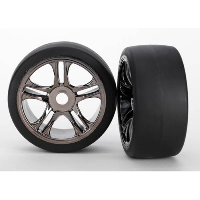 [ܼ] AX6479 [Traxxas] AX6479 Tires & wheels assembled glued (split-spoke black chrome wheels slick tires (S1 compound) foam inserts) (front) (2)