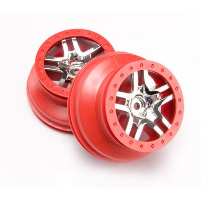 [ܼ] AX6872A [Traxxas] AX6872A Wheels SCT Split-Spoke chrome red beadlock style dual profile (2.2'''' outer 3.0'''' inner) (4WD front/rear 2WD rear) (2)