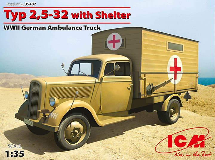 [ܼ] BICM35402 [ICM] BICM35402 1/35 Typ 2,5-32 with Shelter, WWII German Ambulance Truck-German Opel Blitz Truck 1.5t