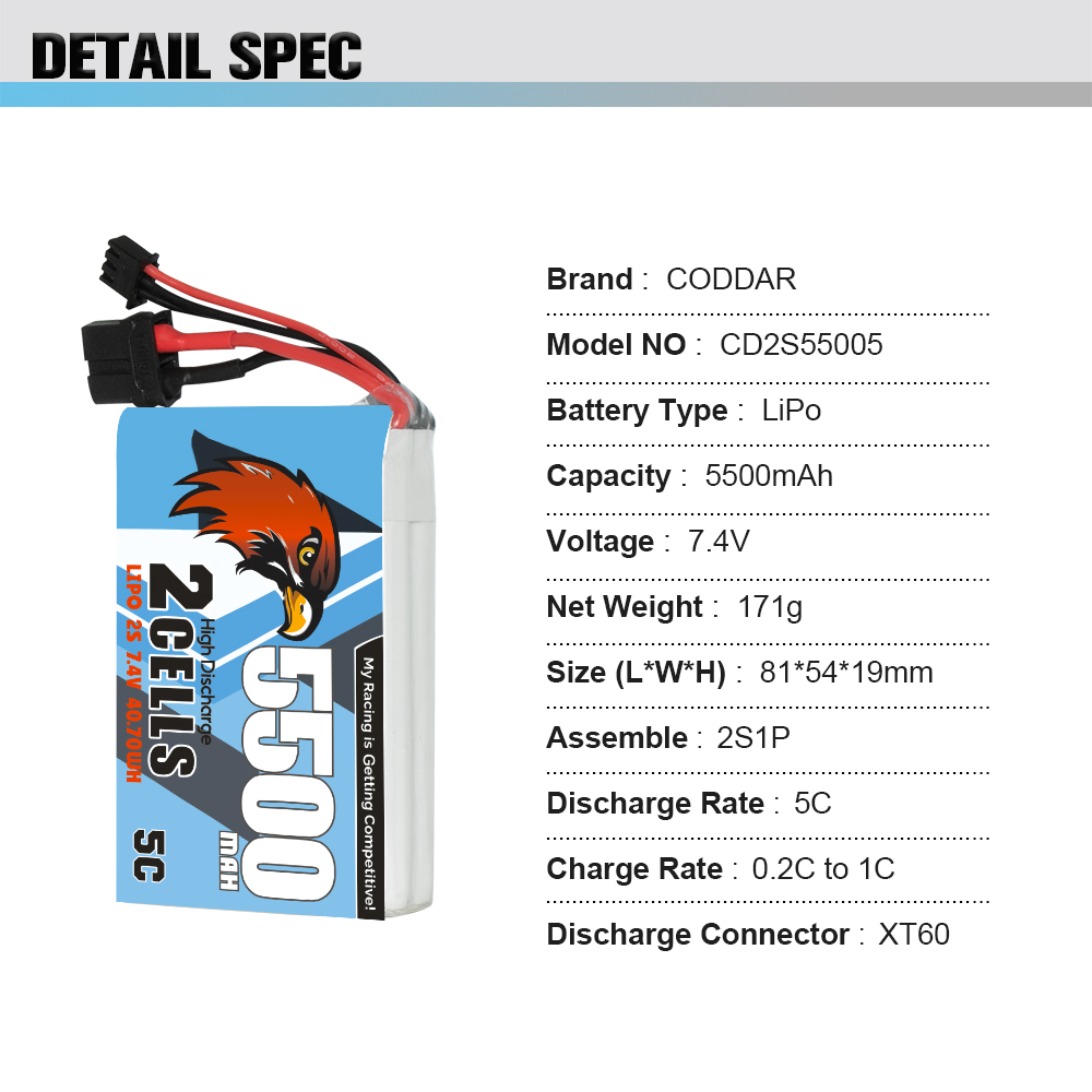 [���ܼ�] CD2S55005 [CODDAR] 7.4V 5500mAh 5C ������� ��Ƭ ������ ���͸� (Radiomaster TX16S ��� ����)