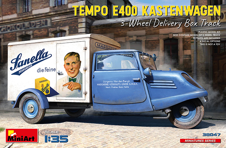 [ܼ] BE38047 [Miniart] BE38047 1/35 Tempo E400 Kastenwagen 3-Wheel Delivery Box Track