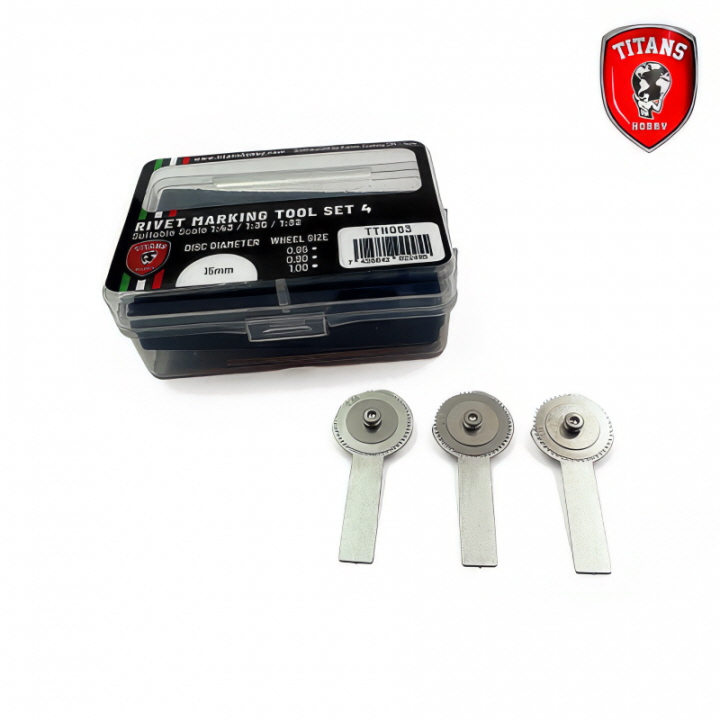 [ܼ] CGTTH063 [Titan Merchandise] CGTTH063 Rivet Maker Tool Set 4 - scales 1:43/1:35/1:32 - 3 wheels diam.15mm x mm 0.85/0.90/1.00