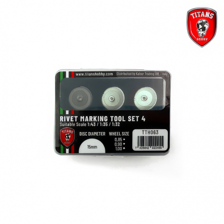 [ܼ] CGTTH063 [Titan Merchandise] CGTTH063 Rivet Maker Tool Set 4 - scales 1:43/1:35/1:32 - 3 wheels diam.15mm x mm 0.85/0.90/1.00