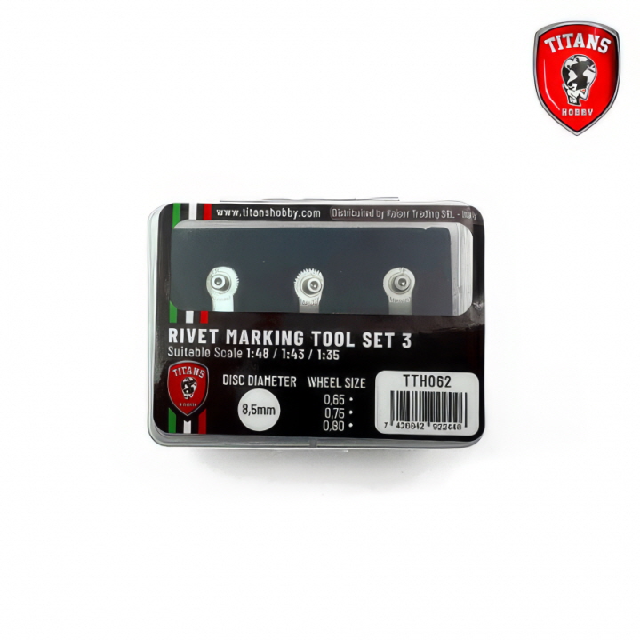 [ܼ] CGTTH062 [Titan Merchandise] CGTTH062 Rivet Maker Tool Set 3 - scales 1:48/1:43/1:35 3 wheels diam.8,5mm x mm. 0.65/0.75/0.80